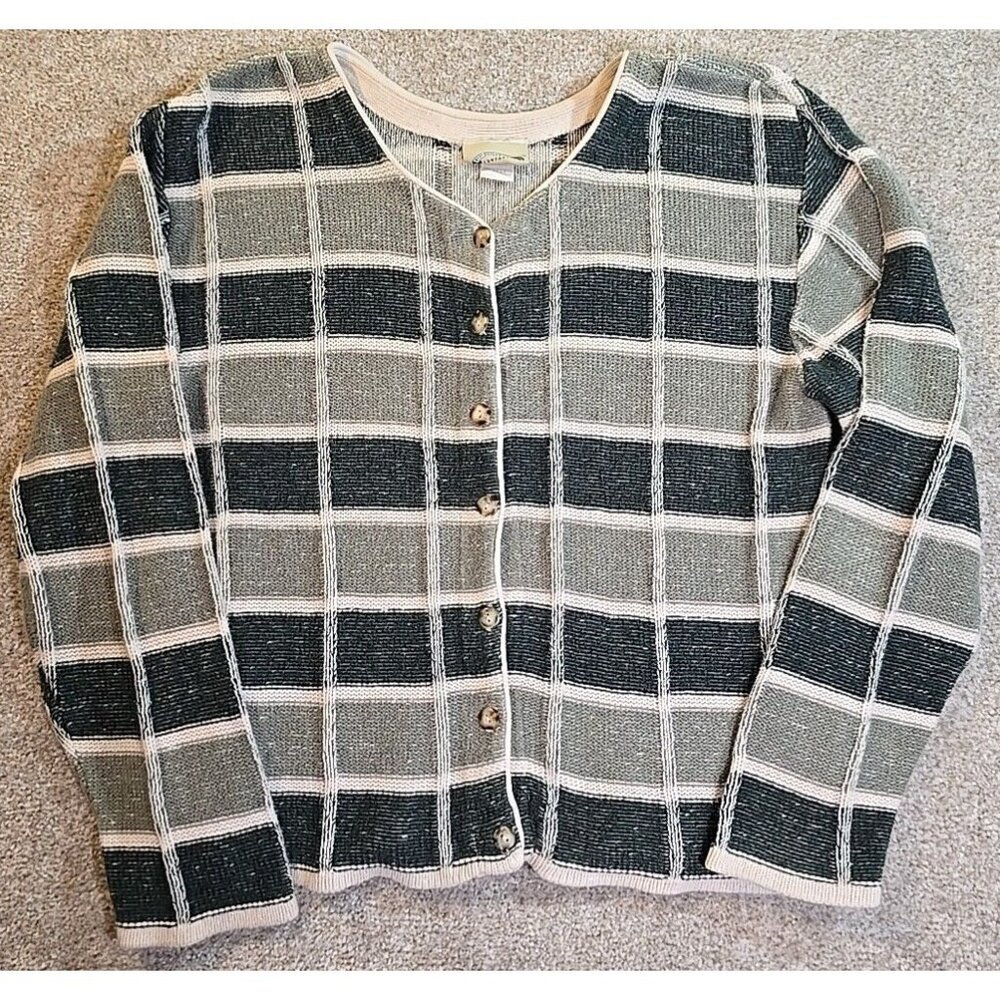 Best United Garment Co. VTG Plaid Sweater Cardigan Cotton Green USA Made Women L